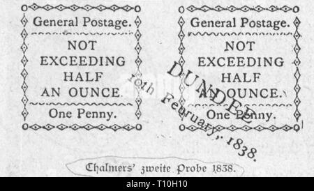 Mail, francobolli, Gran Bretagna, 1 penny francobollo, design by James Chalmers, 1838 Additional-Rights-Clearance-Info-Not-Available Foto Stock