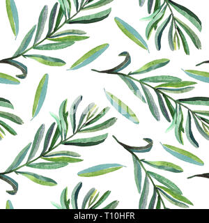 Rami con foglie verdi, seamless pattern design, dipinte a mano illustrazione ad acquerello, sfondo bianco Foto Stock