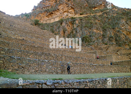 Visitatori femmina prendendo foto di Ollantaytambo fortezza Inca rovine, Urubamba, Cusco, Perù Foto Stock