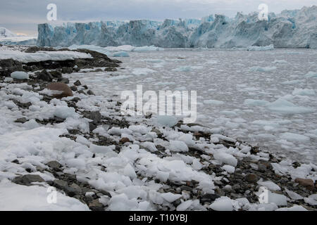 L'Antartide, al di sotto del circolo antartico. Penisola antartica, Marguerite Bay, Stonington Island. Bay riempito con ghiaccio lungo la costa rocciosa dalla né Foto Stock