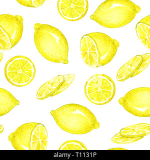 Limone I frutti e le fette, seamless pattern design, dipinte a mano illustrazione ad acquerello, sfondo bianco Foto Stock
