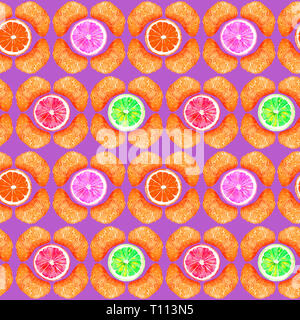 Pompelmo, arancio, lime e limone, mandarino, fette in forma geometrica, seamless pattern design, dipinte a mano illustrazione ad acquerello, pur Foto Stock