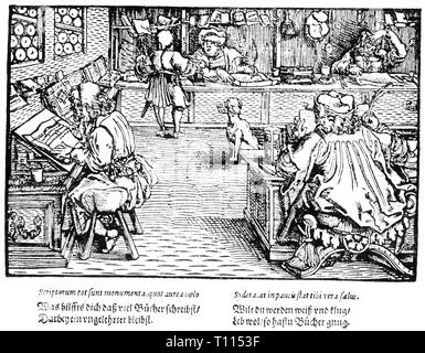 La scrittura, scribi, studiosi in un ufficio, 'Trostspiegel', xilografia dal comandante della Trostspiegel, sesta edizione stampata da Vincenz Steinmeyer, Frankfurt am Main, 1620, Additional-Rights-Clearance-Info-Not-Available Foto Stock