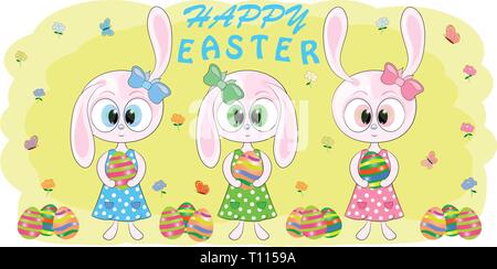 Cartoon carino conigli con la pasqua egs illustrazione vettoriale Illustrazione Vettoriale