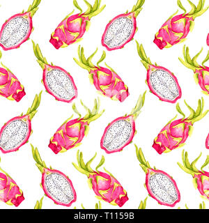 Drago di tutta la frutta e la fetta tagliata, seamless pattern design, dipinte a mano illustrazione ad acquerello, sfondo bianco Foto Stock