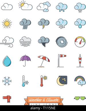 Meteo, clima e meteorologia e simboli correlati raccolta, la linea del vettore le icone con il colore di riempimento. Illustrazione Vettoriale