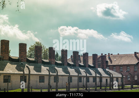 Camini degli edifici in cui i corpi dei morti ebrei furono bruciati nei campi di concentrazione di Auschwitz e Birkenau in Polonia Foto Stock