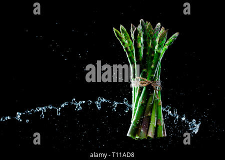 Asparagi in schizzi su sfondo nero. Close-up. Una serie di frutta e verdura in movimento. Foto Stock