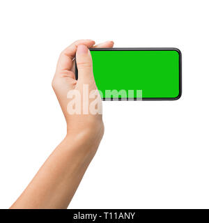 Smartphone con schermo verde per il tasto chroma mockup Foto Stock