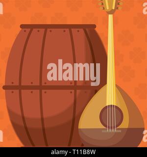 La birra Barile di legno e il mandolino illustrazione vettoriale design Illustrazione Vettoriale