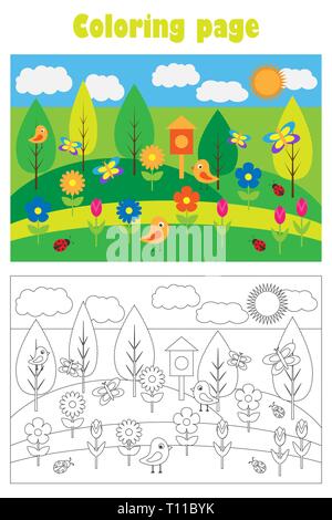 Foto di primavera con fiori in stile cartoon, estate pagina di colorazione, educazione gioco della carta per lo sviluppo dei bambini, i bambini in età prescolare attività Illustrazione Vettoriale