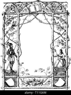 Vintage linea antico disegno o incisione di ornato cornice con il tema naturale e con cavaliere e donna. Praga Messenger 1846. Autore non definito. Illustrazione Vettoriale