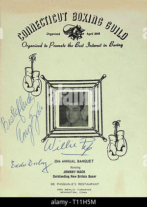 Foto di inizio America-Autographed programma di souvenir del peso piuma campione del pugilato Willie Pep. Foto Stock