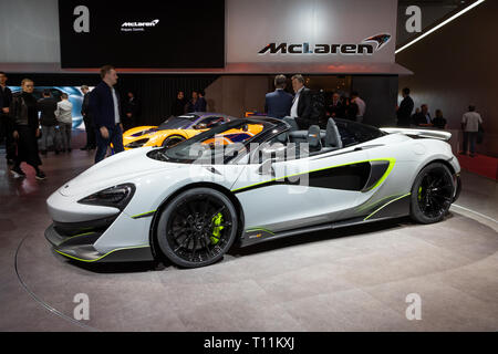 Ginevra, Svizzera - Marzo 5, 2019: McLaren 600lt auto sportiva esposti all'ottantanovesimo Geneva International Motor Show. Foto Stock