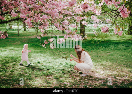 Bella donna con la figlia in esecuzione a lei di parcheggiare all'esterno. Cherry Blossom Pink tree. Famiglia sulla natura nel parco di Greenwich, Regno Unito Foto Stock