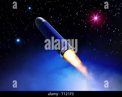3D illustrazione del razzo vola nello spazio tra le stelle Foto Stock