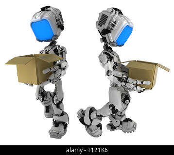 Robot schermo figura carattere trasportare la scatola di cartone, 3d'illustrazione, orizzontale, isolato Foto Stock