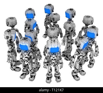 Schermo figura robot presentano carattere mazzetto Chiudi gruppo, 3d'illustrazione, orizzontale, isolato Foto Stock