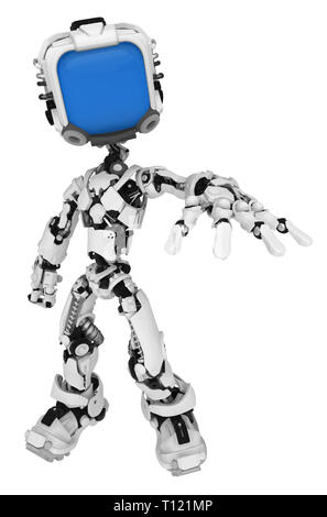 Robot sullo schermo la figura di carattere braccio posa raggiungere prendendo, 3d'illustrazione, verticale, isolato Foto Stock