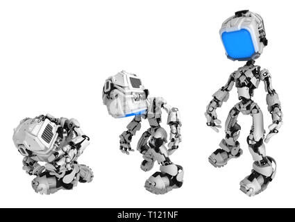 Robot schermo figura carattere pongono il dispiegamento, 3d'illustrazione, orizzontale, isolato Foto Stock