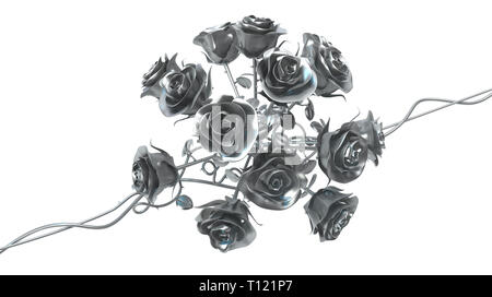 Metal Rose bush filo collegato decorazione isolato, 3d'illustrazione, orizzontale Foto Stock