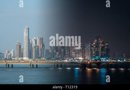 Panama City skyline di notte e di giorno - panorama cotyscape