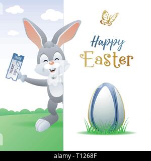 Felice Pasqua. Sport biglietto di auguri. Simpatico coniglio con uovo di Rugby e il Ticket. Illustrazione Vettoriale. Illustrazione Vettoriale