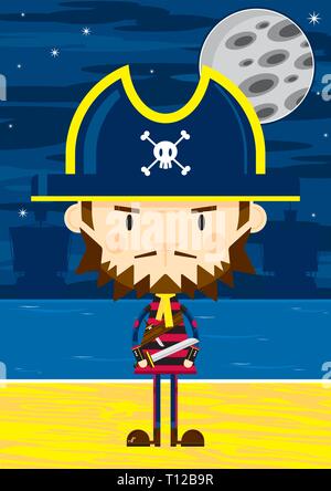 Cartoon Capitano Pirata sulla spiaggia con le navi in Silhouette Illustrazione Vettoriale