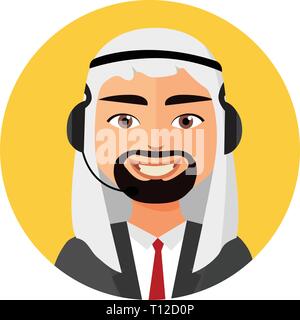 Call center uomo arabo operatore con icona cuffia servizi client assistenza telefonica illustrazione vettoriale EPS 10 Illustrazione Vettoriale