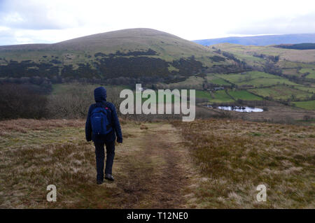 La donna gli escursionisti a piedi sul Wainwright grande Mell cadde verso Little Mell è sceso nel Parco Nazionale del Distretto dei Laghi, Cumbria, Inghilterra, Regno Unito. Foto Stock