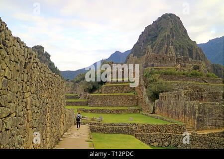 Un early bird visitatore esplorare Machu Picchu Incas cittadella all'alba, Cusco, Perù Foto Stock