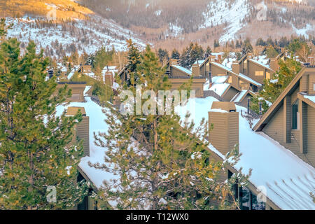 Neve tetti e alberi contro la montagna di Park City. Vista aerea della coperta di neve tetti e le cime degli alberi in Park City, Utah. Una montagna innevata può essere visto in Foto Stock