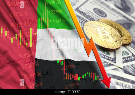 Bandiera degli Emirati Arabi Uniti e cryptocurrency tendenza decrescente con due bitcoins sulle fatture del dollaro. Concetto di ammortamento Bitcoin nel prezzo contro la dol Foto Stock