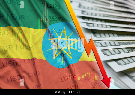 Etiopia bandiera grafico e deprezzamento del dollaro USA posizione con una ventola di fatture del dollaro. Concetto di valore di deprezzamento del dollaro valuta Foto Stock