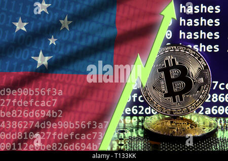 Samoa bandiera in aumento e freccia verde sul bitcoin mining schermo e due physical golden bitcoins. Concetto di alta conversione in cryptocurrency mining Foto Stock