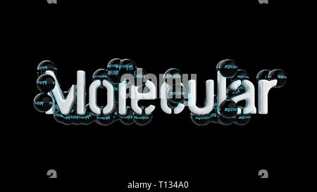 Modello di astratta struttura molecolare con word scritte fatte da un testo bianco e le sfere di vetro sfere. Isolato su sfondo nero. 3D render Foto Stock