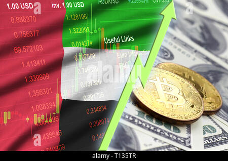 Bandiera degli Emirati Arabi Uniti e cryptocurrency trend in crescita con due bitcoins sulle fatture del dollaro. Concetto di alzare Bitcoin nel prezzo contro il dollaro Foto Stock