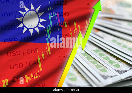 Bandiera di Taiwan e il grafico crescente US dollar posizione con una ventola di fatture del dollaro. Concetto di aumento del valore del dollaro valuta Foto Stock