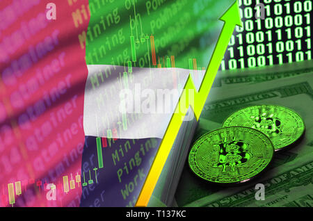 Bandiera degli Emirati Arabi Uniti e cryptocurrency trend in crescita con due bitcoins sulle fatture del dollaro e il codice binario display. Concetto di alzare Bitcoin in pr Foto Stock