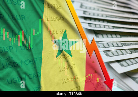 Bandiera senegalese e grafico deprezzamento del dollaro USA posizione con una ventola di fatture del dollaro. Concetto di valore di deprezzamento del dollaro valuta Foto Stock