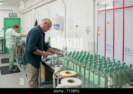 Un uomo in una distilleria di gin la produzione di Brighton il gin. Foto Stock