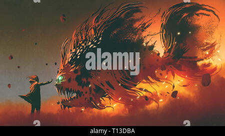 Procedura guidata evocazione di pesce gigante creatura con incendio MAGIC, arte digitale stile, illustrazione pittura Foto Stock