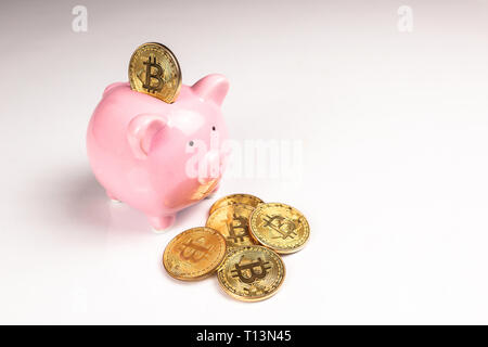 Mettere bitcoin di salvadanaio, new virtual electronic e denaro digitale, hodl Concetto di investimento Foto Stock