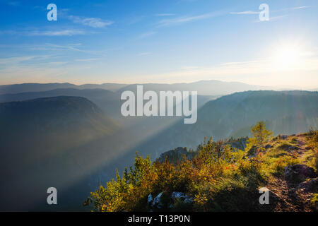 Montenegro, Parco Nazionale del Durmitor, Tara canyon nella foschia mattutina, vista da Curevac Foto Stock