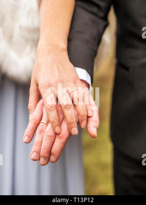 Close-up della sposa e lo sposo tenendo le mani Foto Stock