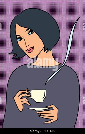 Donna asiatica con una tazza di caffè Illustrazione Vettoriale