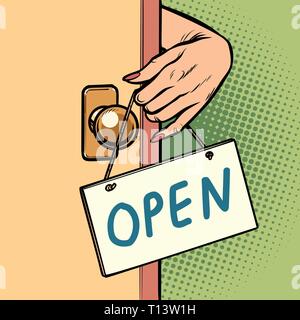 Aprire a mano la donna è appeso un cartello sulla porta Illustrazione Vettoriale
