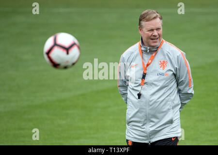 23 marzo 2019, Paesi Bassi, Zeist: Calcio: squadra nazionale prima del campionato europeo match di qualificazione contro i Paesi Bassi. Ronald Koeman, pullman di Paesi Bassi, segue la formazione del suo team sulla formazione di massa. Foto: Federico Gambarini/dpa Foto Stock