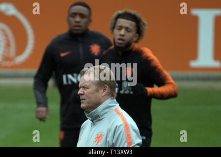 Zeist, Paesi Bassi. 23 Mar, 2019. Calcio: squadra nazionale prima del campionato europeo match di qualificazione contro i Paesi Bassi. Ronald Koeman, pullman di Paesi Bassi, segue la formazione del suo team sulla formazione di massa. Credito: Federico Gambarini/dpa/Alamy Live News Foto Stock