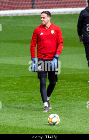 Cardiff, Regno Unito. 23 Mar, 2019. Danny Ward del Galles in allenamento in vista del Galles v Slovacchia UEFA EURO 2020 il qualificatore a Cardiff City Stadium. Credito: Lewis Mitchell/Alamy Live News Foto Stock